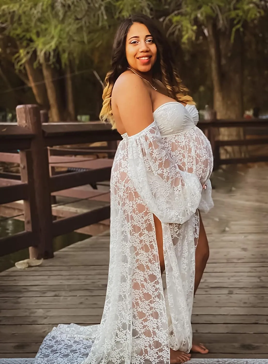 Saslax Soft Stretchy Lace Off Shoulder Doubly Split A-line Skirt Maternity Dress Pregnancy Maxi Gown for Photoshoot
