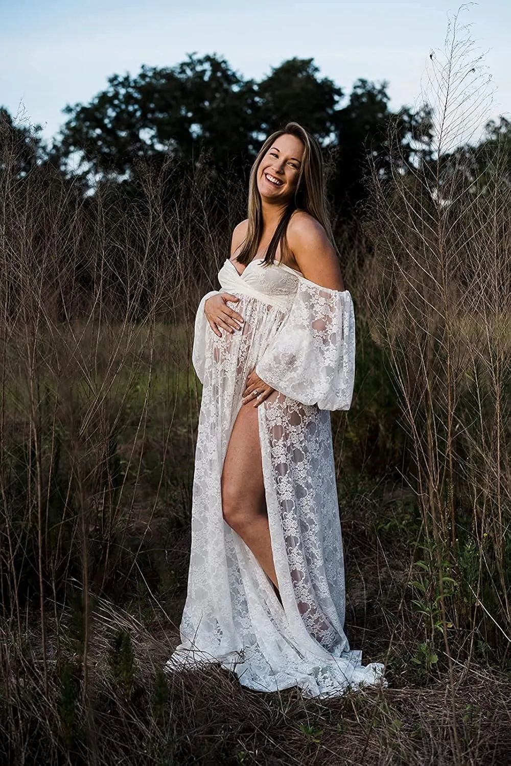 Saslax Soft Stretchy Lace Off Shoulder Doubly Split A-line Skirt Maternity Dress Pregnancy Maxi Gown for Photoshoot