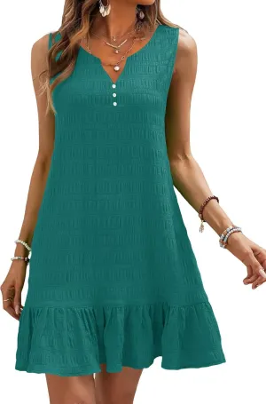 SAUKOLE Womens Sleeveless Tank Dresses Summer V Neck Button Ruffle Hem Sundress Casual Mini Dress with Pockets
