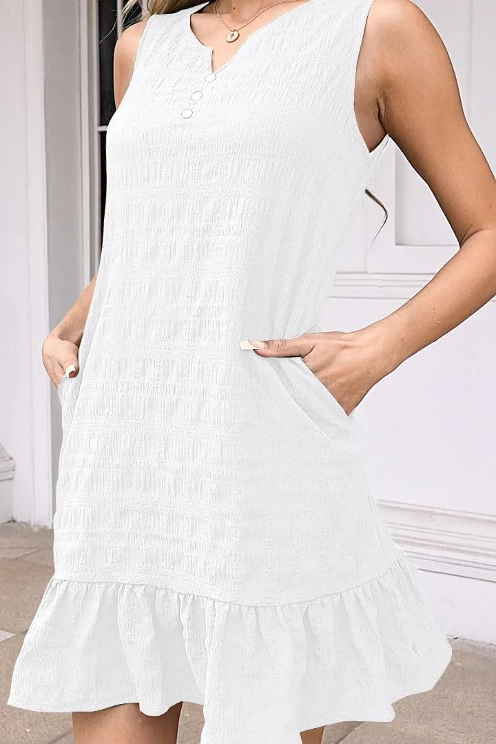 SAUKOLE Womens Sleeveless Tank Dresses Summer V Neck Button Ruffle Hem Sundress Casual Mini Dress with Pockets