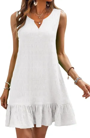 SAUKOLE Womens Sleeveless Tank Dresses Summer V Neck Button Ruffle Hem Sundress Casual Mini Dress with Pockets