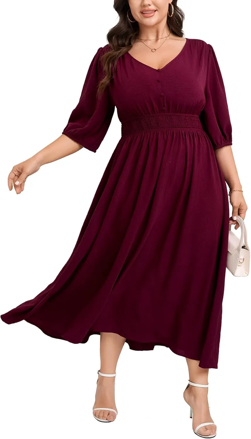 SCOMCHIC Women Plus Size Dresses V Neck 3/4 Sleeve Smocked High Waist Summer Flowy A Line Maxi Dress