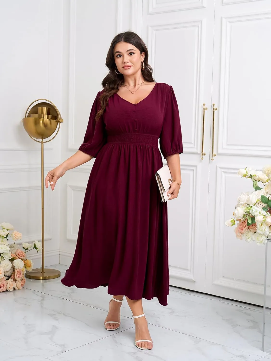 SCOMCHIC Women Plus Size Dresses V Neck 3/4 Sleeve Smocked High Waist Summer Flowy A Line Maxi Dress