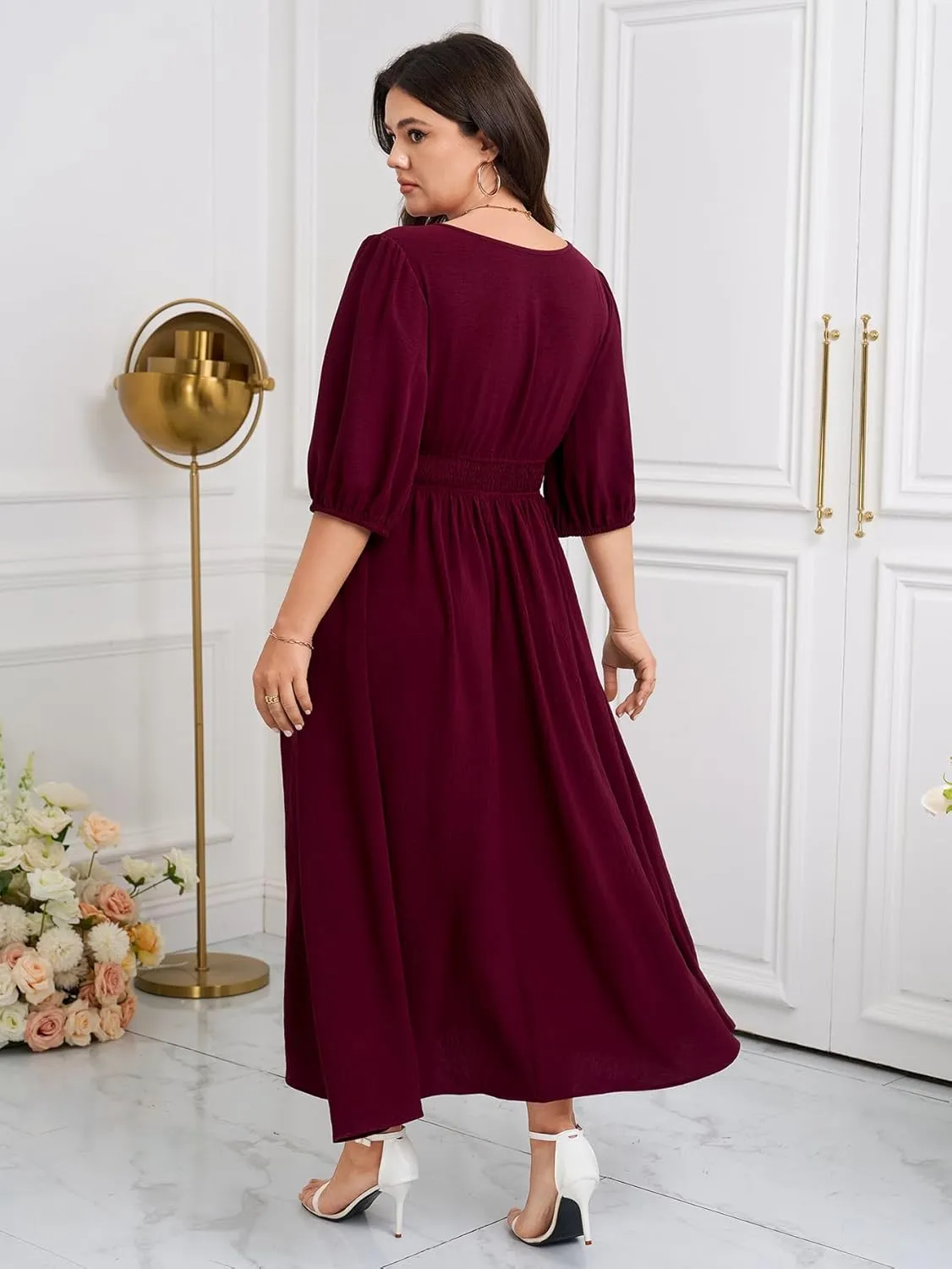 SCOMCHIC Women Plus Size Dresses V Neck 3/4 Sleeve Smocked High Waist Summer Flowy A Line Maxi Dress