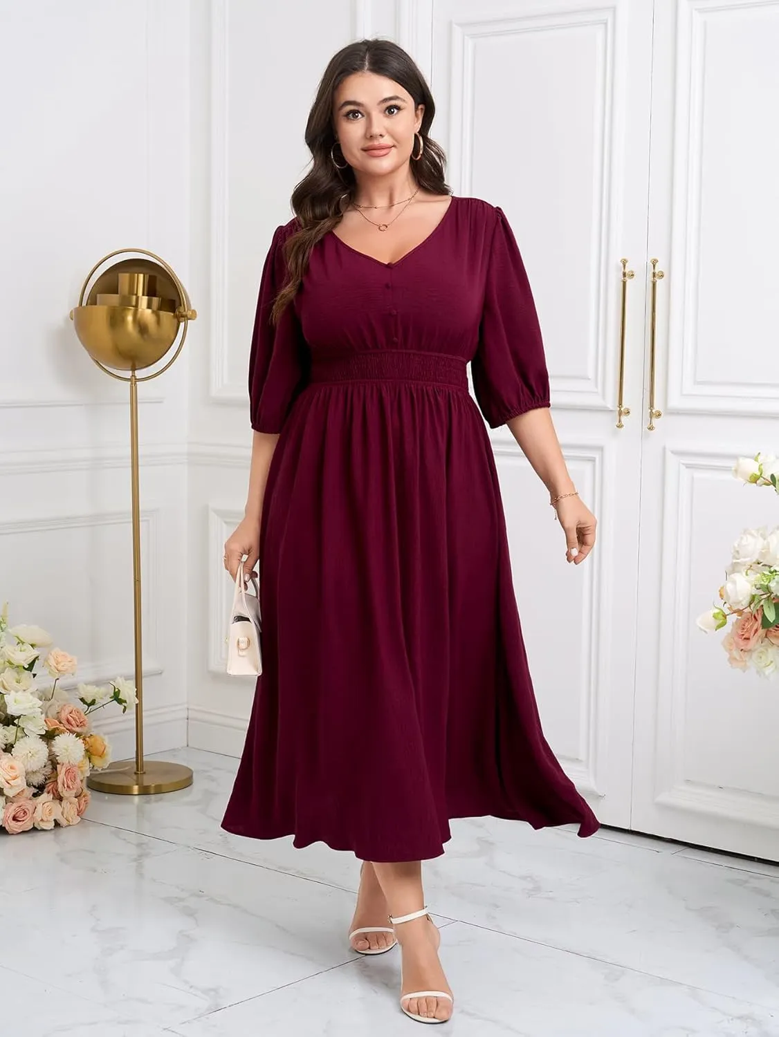 SCOMCHIC Women Plus Size Dresses V Neck 3/4 Sleeve Smocked High Waist Summer Flowy A Line Maxi Dress