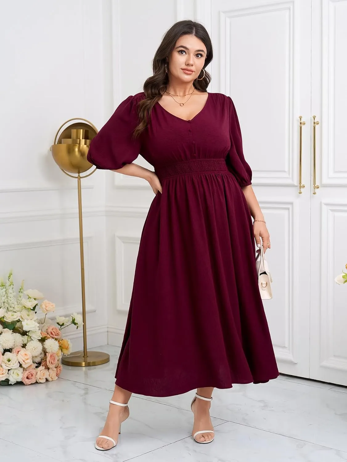 SCOMCHIC Women Plus Size Dresses V Neck 3/4 Sleeve Smocked High Waist Summer Flowy A Line Maxi Dress