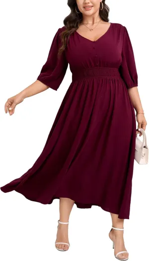 SCOMCHIC Women Plus Size Dresses V Neck 3/4 Sleeve Smocked High Waist Summer Flowy A Line Maxi Dress