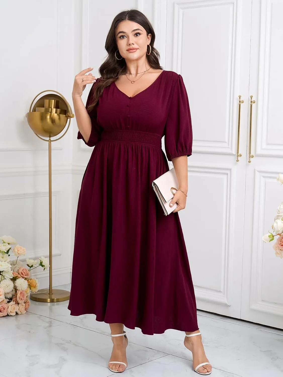 SCOMCHIC Women Plus Size Dresses V Neck 3/4 Sleeve Smocked High Waist Summer Flowy A Line Maxi Dress
