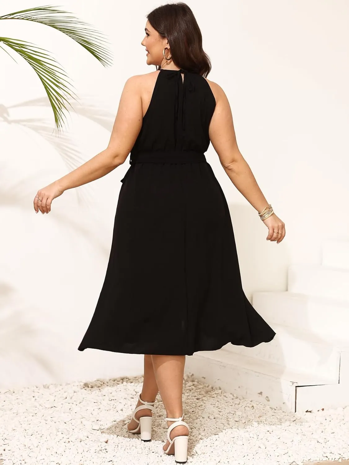 SCOMCHIC Womens Plus Size Summer Dresses Sleeveless Halter Neck A Line High Low Split Ruffle Long Dress with Belt
