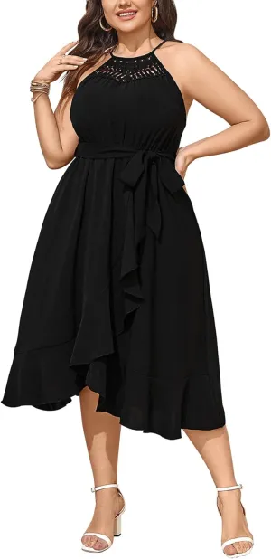 SCOMCHIC Womens Plus Size Summer Dresses Sleeveless Halter Neck A Line High Low Split Ruffle Long Dress with Belt