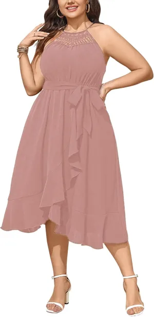 SCOMCHIC Womens Plus Size Summer Dresses Sleeveless Halter Neck A Line High Low Split Ruffle Long Dress with Belt