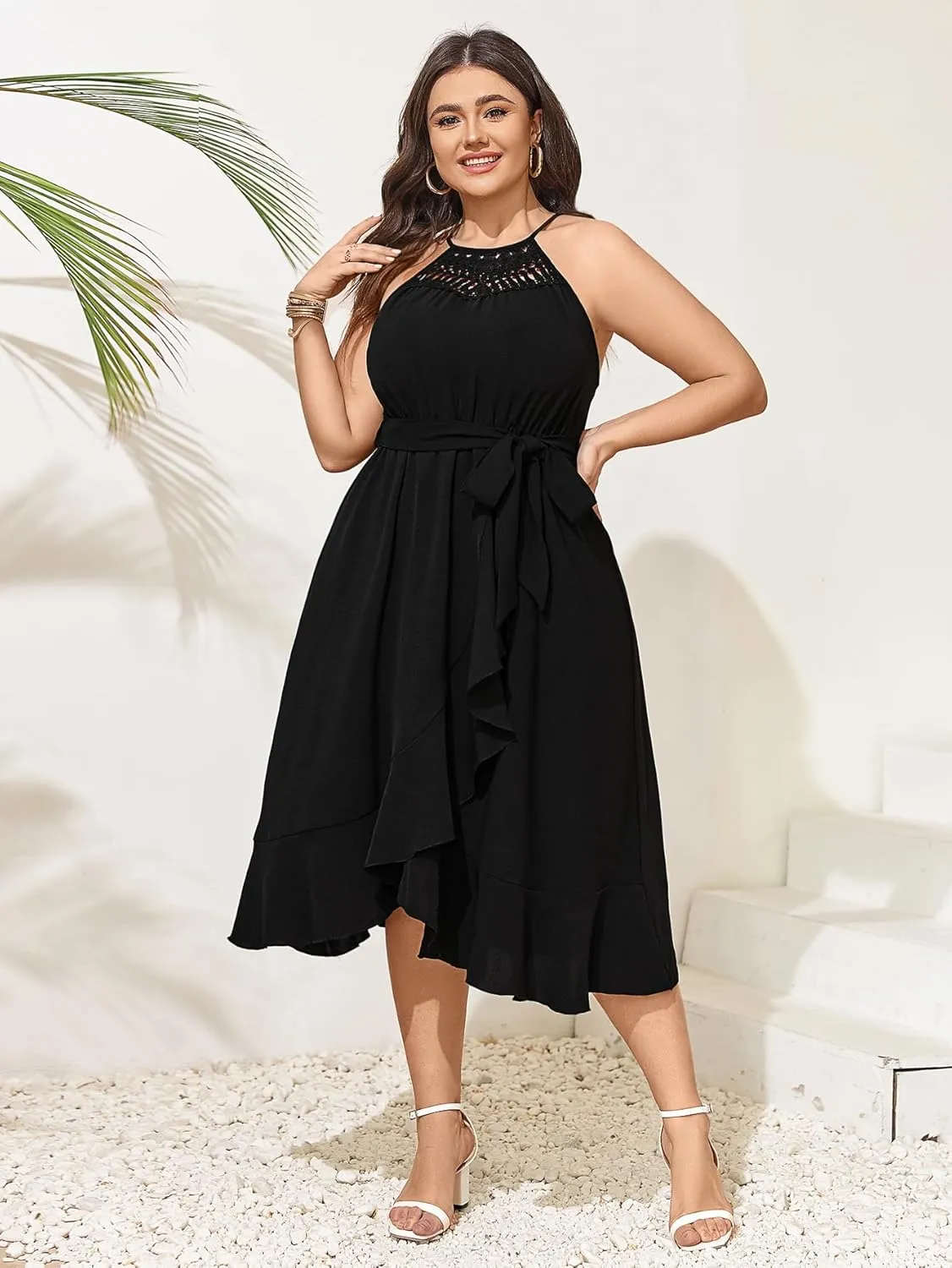 SCOMCHIC Womens Plus Size Summer Dresses Sleeveless Halter Neck A Line High Low Split Ruffle Long Dress with Belt