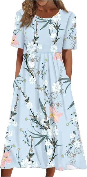 Segaven Dresses for Women 2024 Printed Round Neck Long Dresses Pocket Pleated Dresses Short Sleeve Casual Maxi Dress