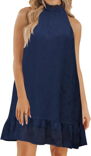 SENFURE Womens Semi Formal Dress Cute Flowy A Line Tiered Floral Short Dresses Summer Halter Dress, Boho Sleeveless Sundress Navy