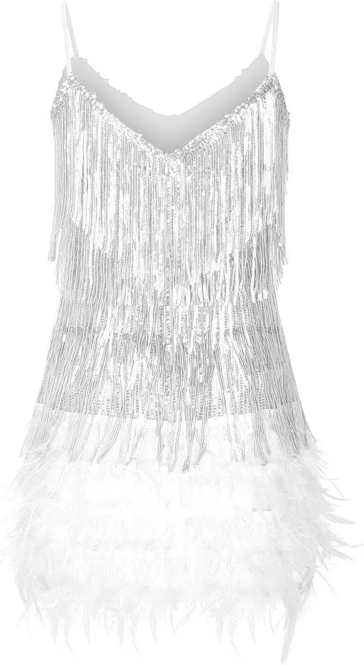 Sequin Dress for Women 1920s Fringe Flapper Mini Dresses Sleeveless Spaghetti Glitter Dress Cocktail Party Bodycon
