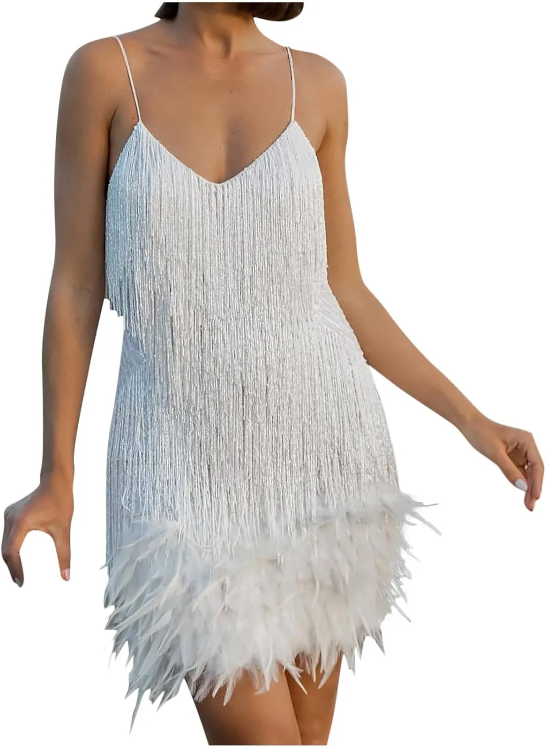 Sequin Dress for Women 1920s Fringe Flapper Mini Dresses Sleeveless Spaghetti Glitter Dress Cocktail Party Bodycon