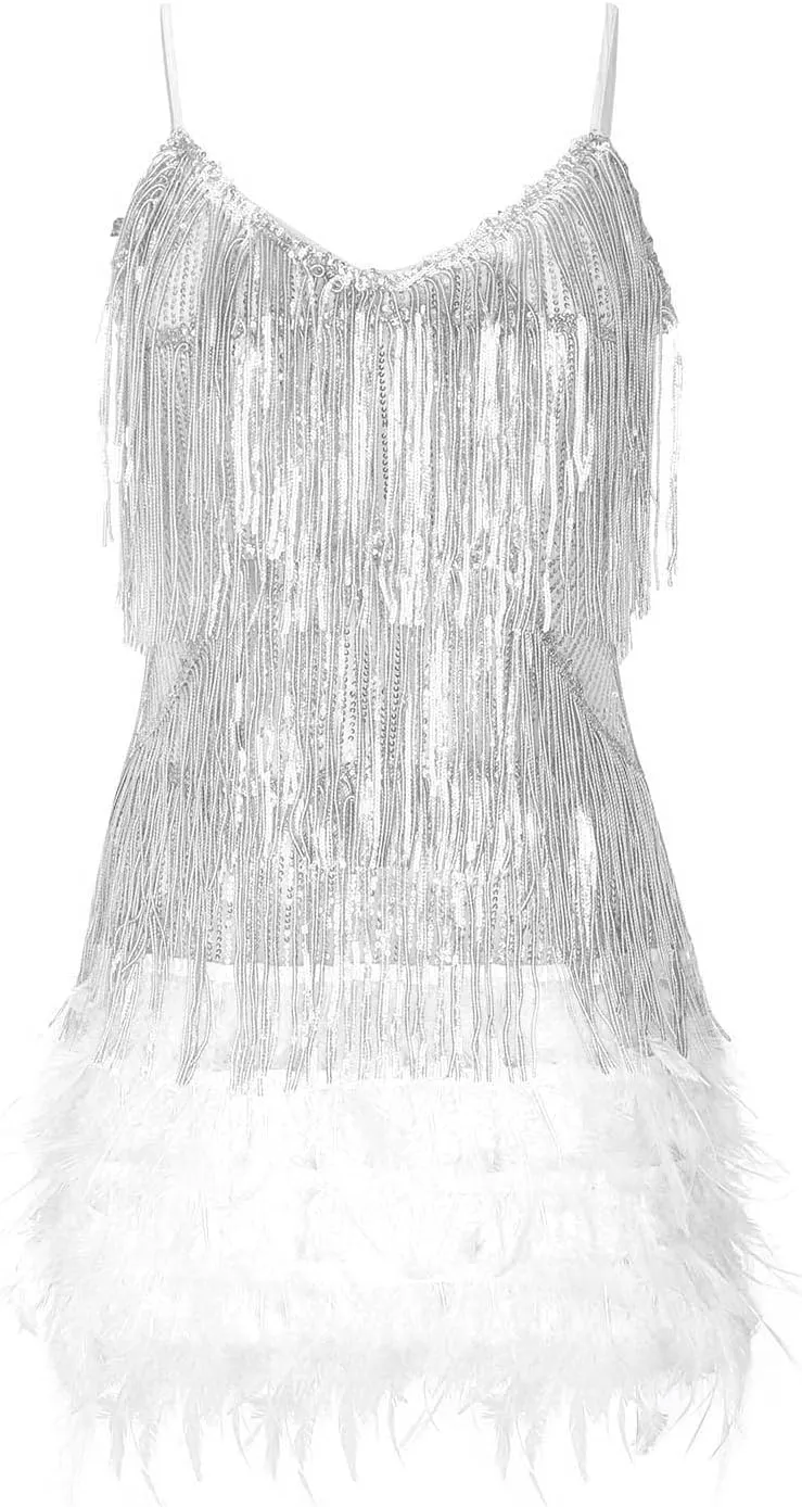 Sequin Dress for Women 1920s Fringe Flapper Mini Dresses Sleeveless Spaghetti Glitter Dress Cocktail Party Bodycon