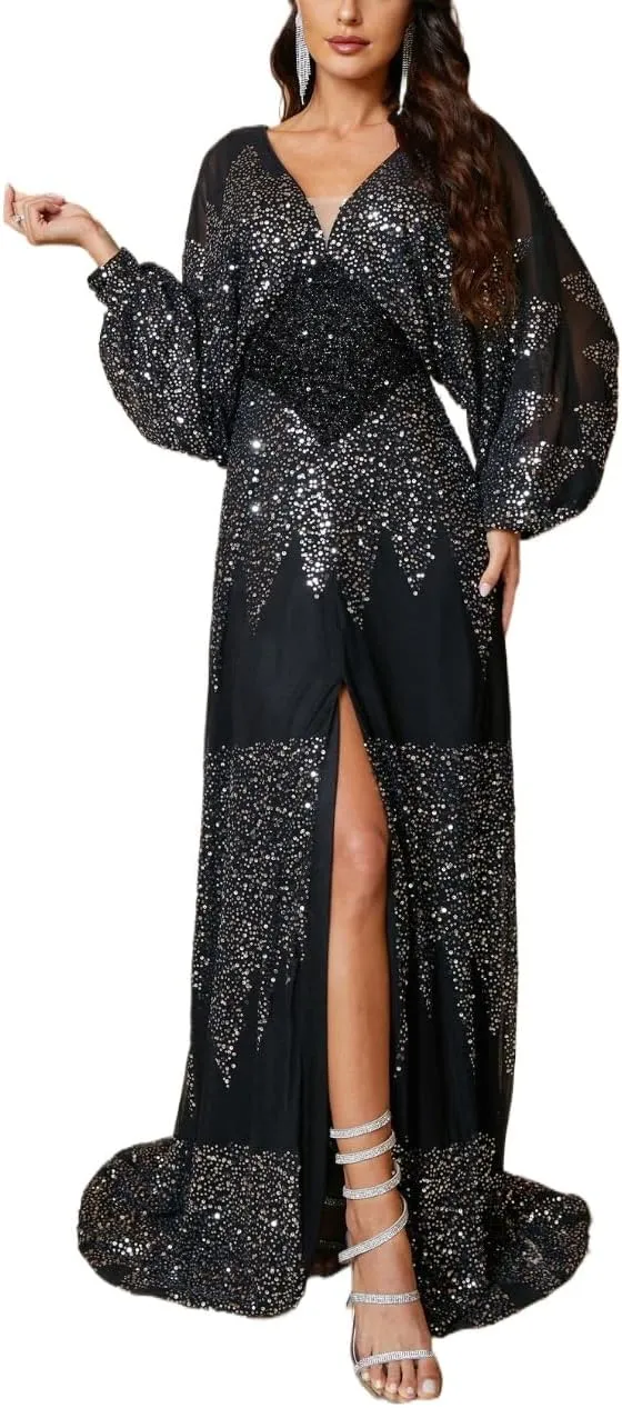 Sequins Maxi Dress Long Sleeve Chiffon V-Neck Split Waist Banquet Evening Dress