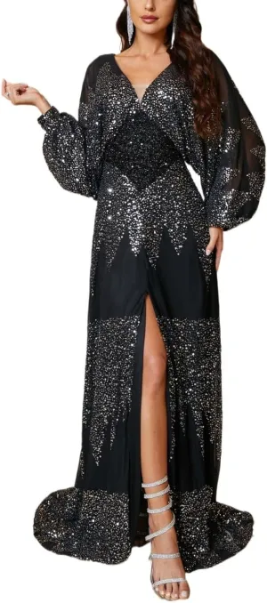 Sequins Maxi Dress Long Sleeve Chiffon V-Neck Split Waist Banquet Evening Dress