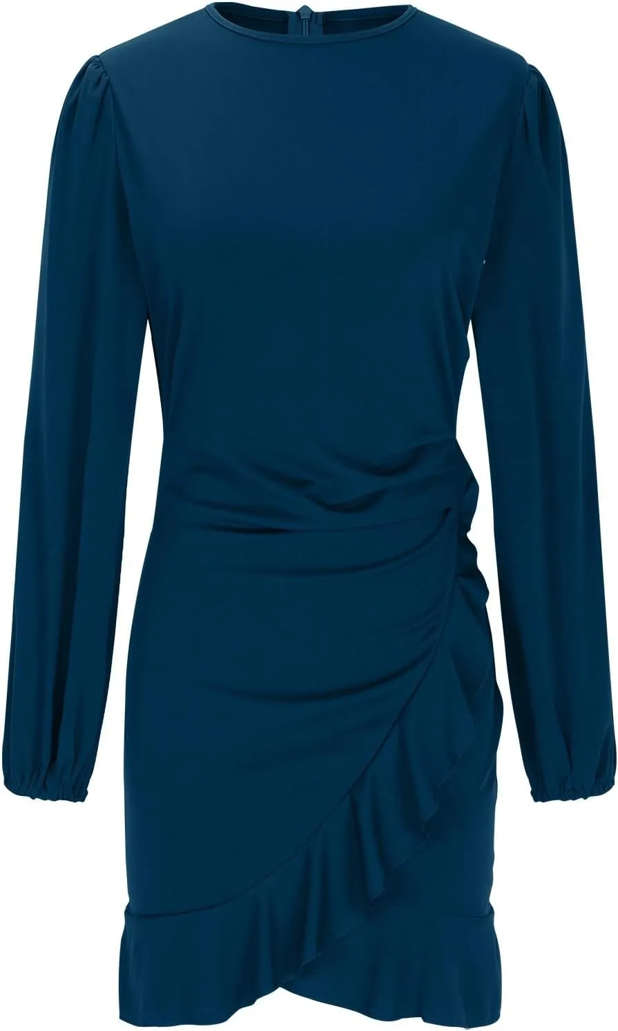 Sexy Long Sleeve Bodycon Mini Dress for Women Ruffle Hem Cocktail Party Work Dress Crew Neck Solid Color Dresses