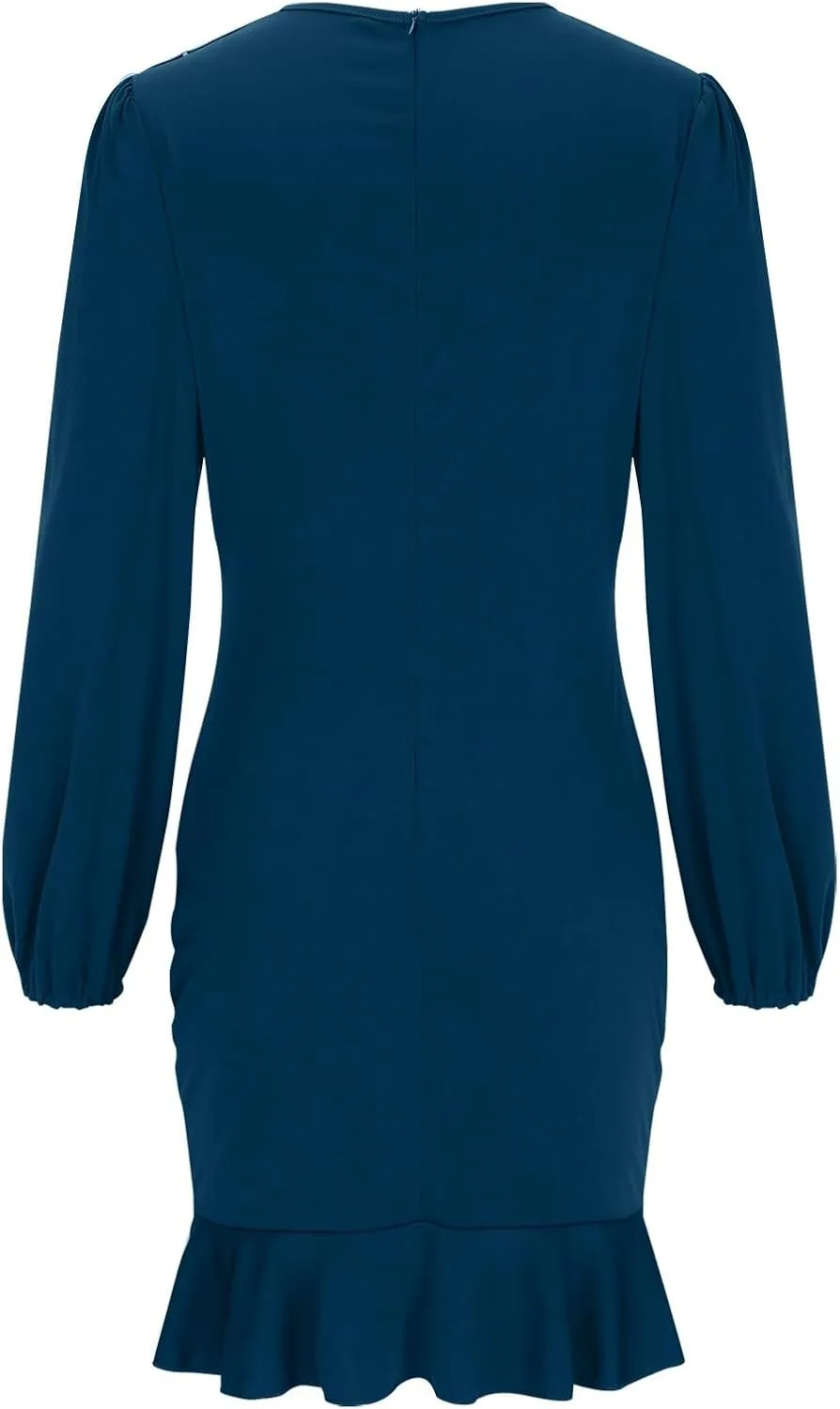 Sexy Long Sleeve Bodycon Mini Dress for Women Ruffle Hem Cocktail Party Work Dress Crew Neck Solid Color Dresses