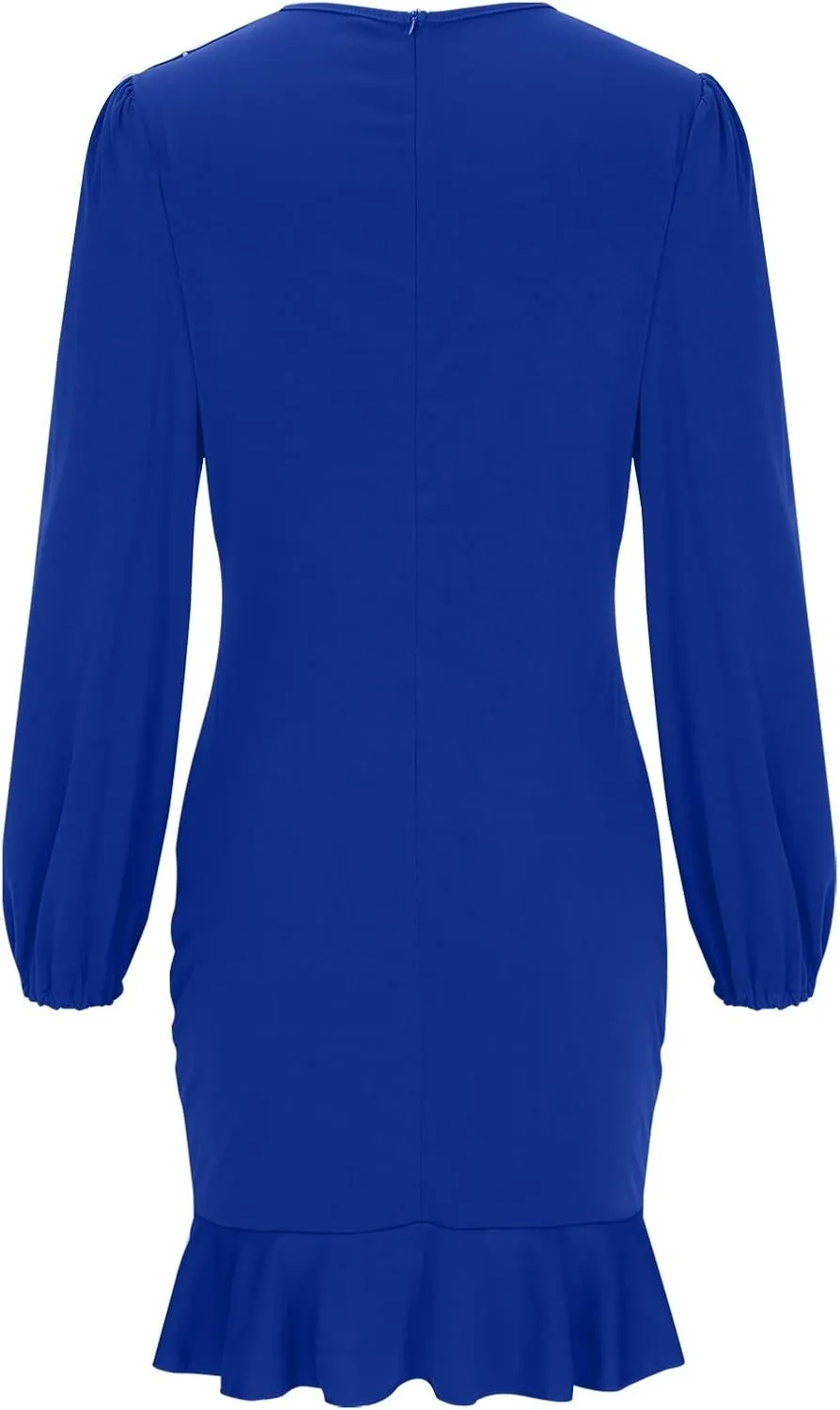 Sexy Long Sleeve Bodycon Mini Dress for Women Ruffle Hem Cocktail Party Work Dress Crew Neck Solid Color Dresses
