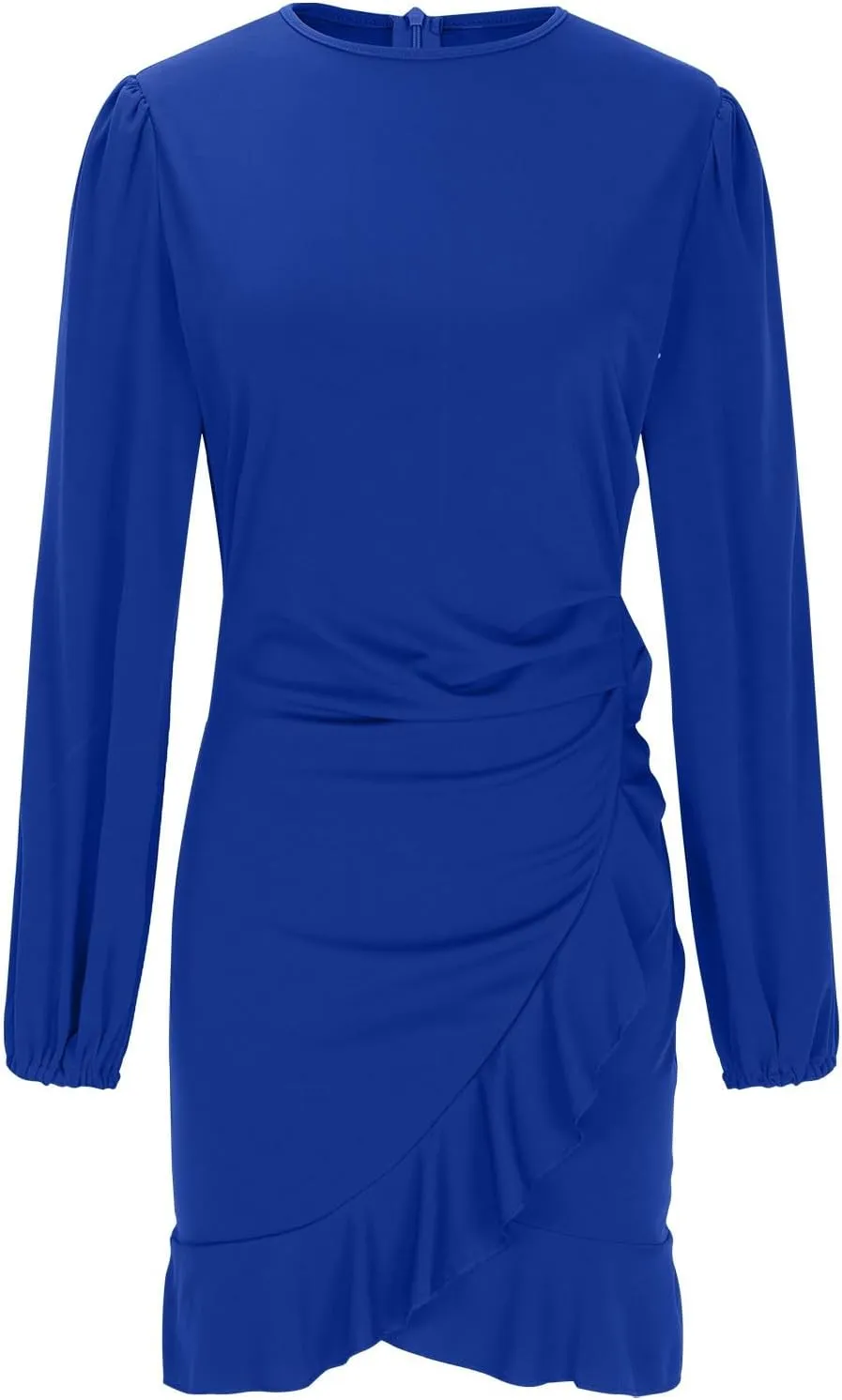 Sexy Long Sleeve Bodycon Mini Dress for Women Ruffle Hem Cocktail Party Work Dress Crew Neck Solid Color Dresses