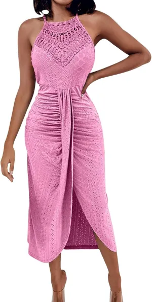 Sexy Prints Dress for Women Front Split Straps Sleeveless Midi Skirt Slimming Round Neck Pleated Dresses Cocktail