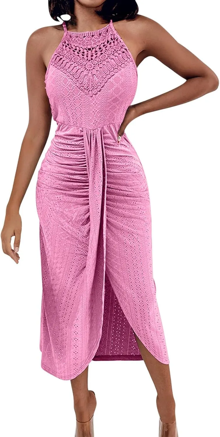 Sexy Prints Dress for Women Front Split Straps Sleeveless Midi Skirt Slimming Round Neck Pleated Dresses Cocktail