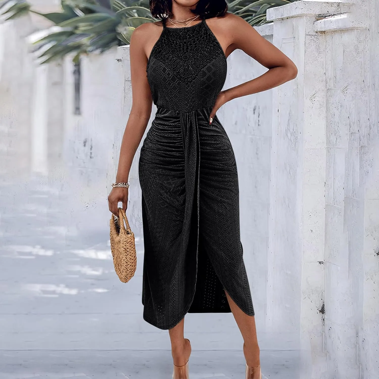 Sexy Prints Dress for Women Front Split Straps Sleeveless Midi Skirt Slimming Round Neck Pleated Dresses Cocktail