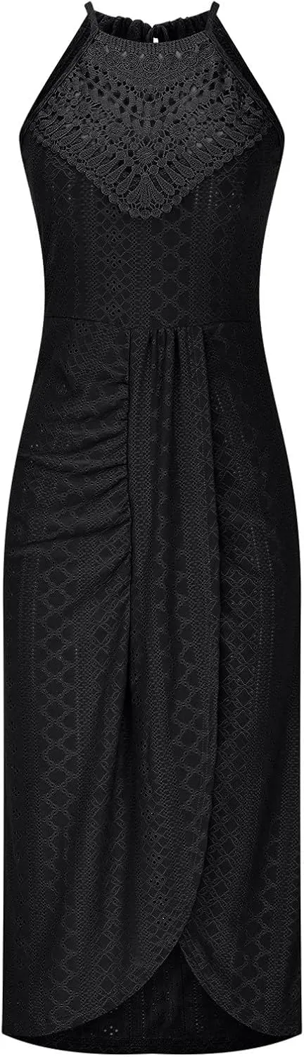 Sexy Prints Dress for Women Front Split Straps Sleeveless Midi Skirt Slimming Round Neck Pleated Dresses Cocktail