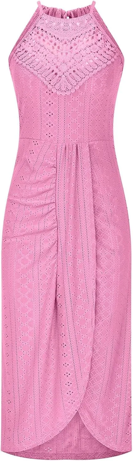 Sexy Prints Dress for Women Front Split Straps Sleeveless Midi Skirt Slimming Round Neck Pleated Dresses Cocktail