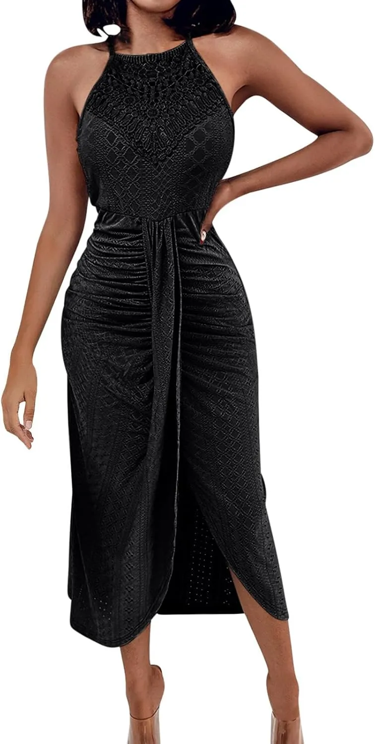 Sexy Prints Dress for Women Front Split Straps Sleeveless Midi Skirt Slimming Round Neck Pleated Dresses Cocktail