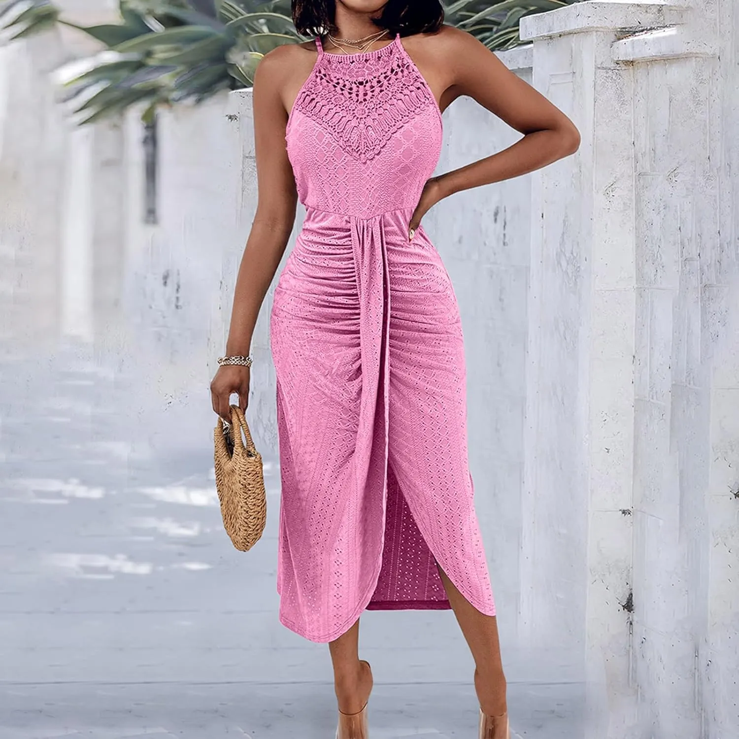 Sexy Prints Dress for Women Front Split Straps Sleeveless Midi Skirt Slimming Round Neck Pleated Dresses Cocktail