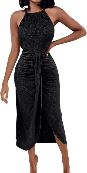 Sexy Prints Dress for Women Front Split Straps Sleeveless Midi Skirt Slimming Round Neck Pleated Dresses Cocktail