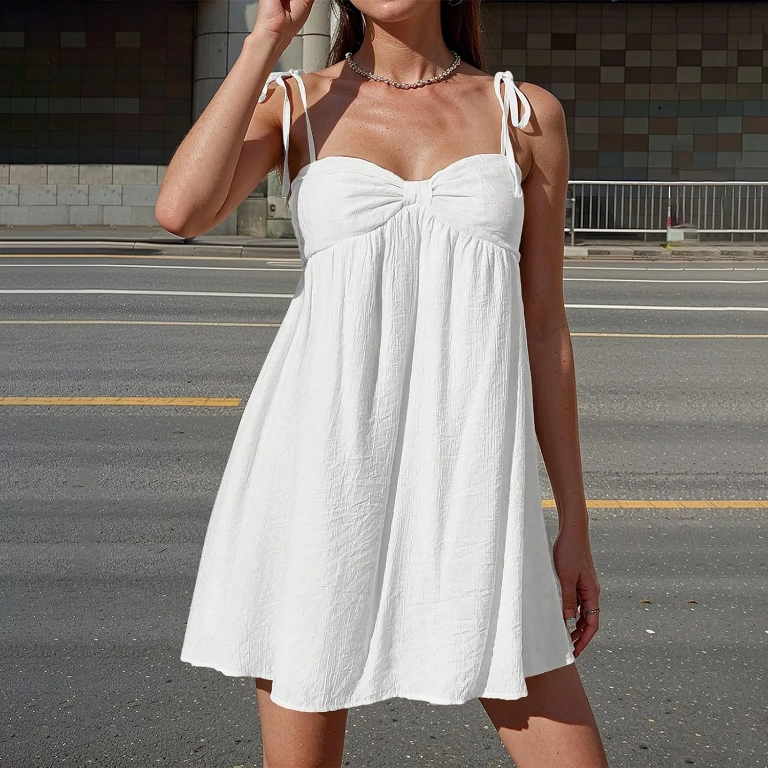Sexy Summer Dresses for Women Trendy Backless Tie Shoulder Cami Dress Sweetheart Neckline Flowy Babydoll Mini Dress
