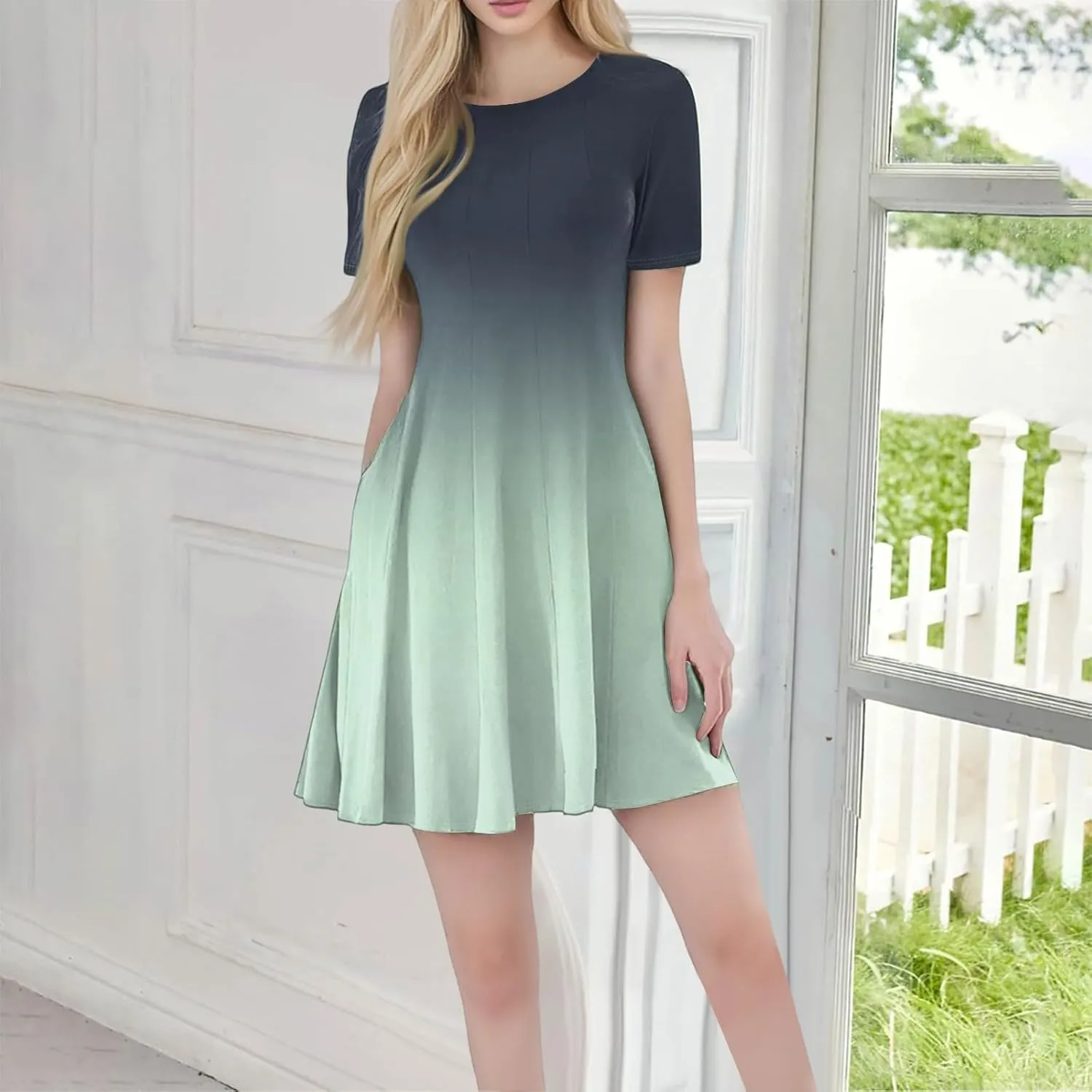 Sexy Summer Dresses, Modest Prom Dress for Women Mini Short Sleeve Empire Waist Round Neck Flowy Dresses with Pockets