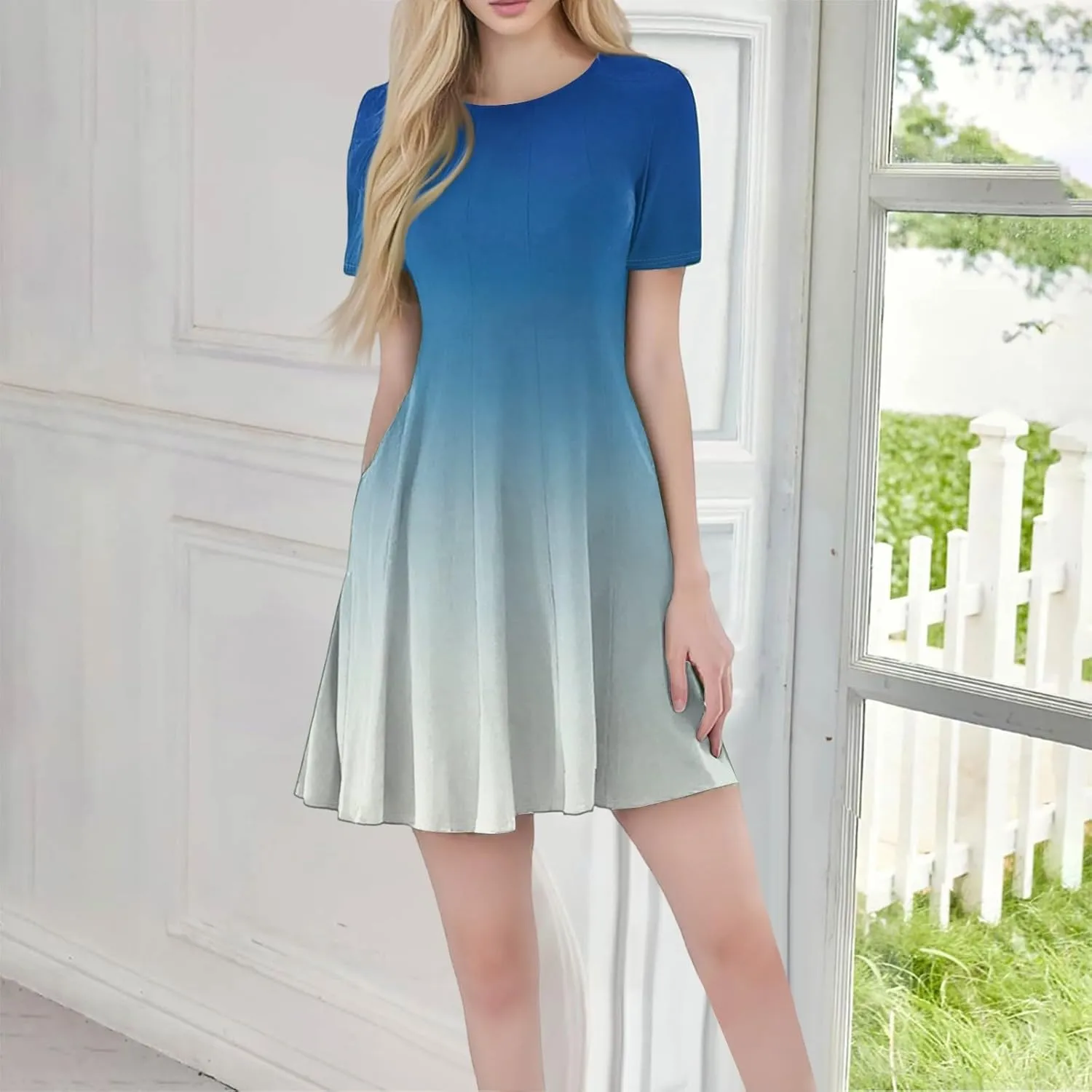 Sexy Summer Dresses, Modest Prom Dress for Women Mini Short Sleeve Empire Waist Round Neck Flowy Dresses with Pockets