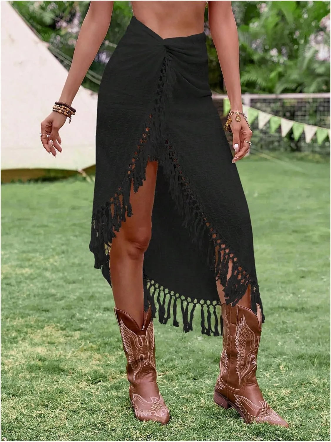 SHENHE Women's Twist Front High Slit Fringe Skirt Asymmetrical Tassel Boho Midi Skirt