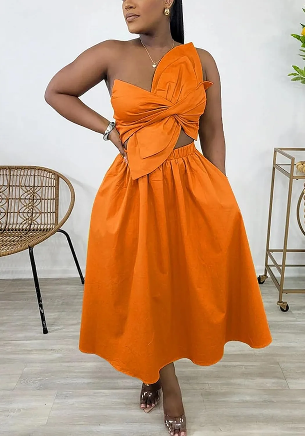 SHINFY Women's Summer One Shoulder Long Midi Dress Spaghetti Strap Cutout Smocked Wrap Top Flowy Beach Sundress