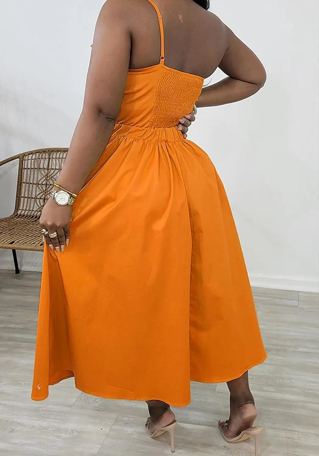 SHINFY Women's Summer One Shoulder Long Midi Dress Spaghetti Strap Cutout Smocked Wrap Top Flowy Beach Sundress
