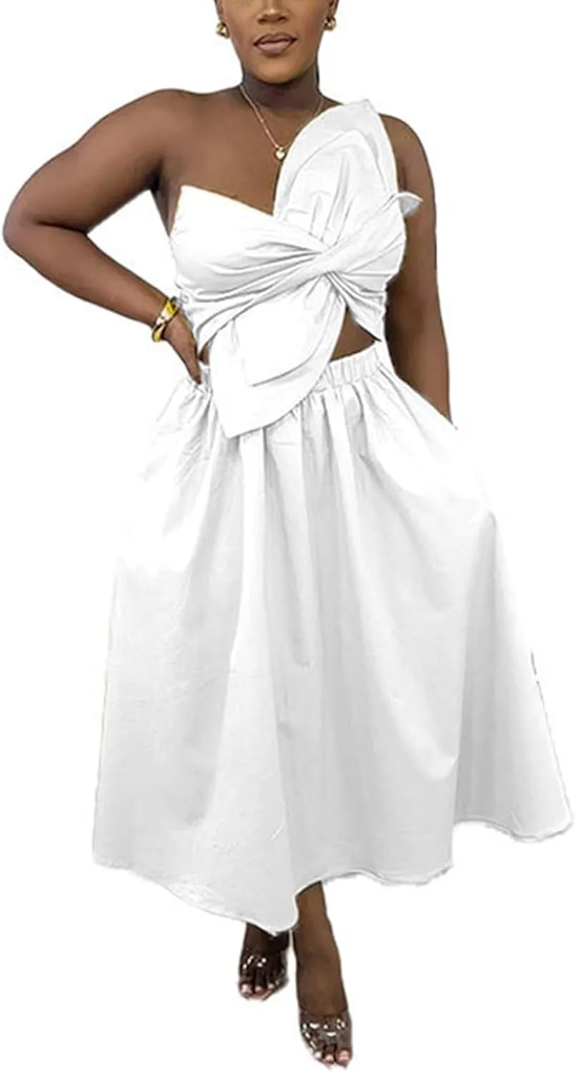 SHINFY Women's Summer One Shoulder Long Midi Dress Spaghetti Strap Cutout Smocked Wrap Top Flowy Beach Sundress