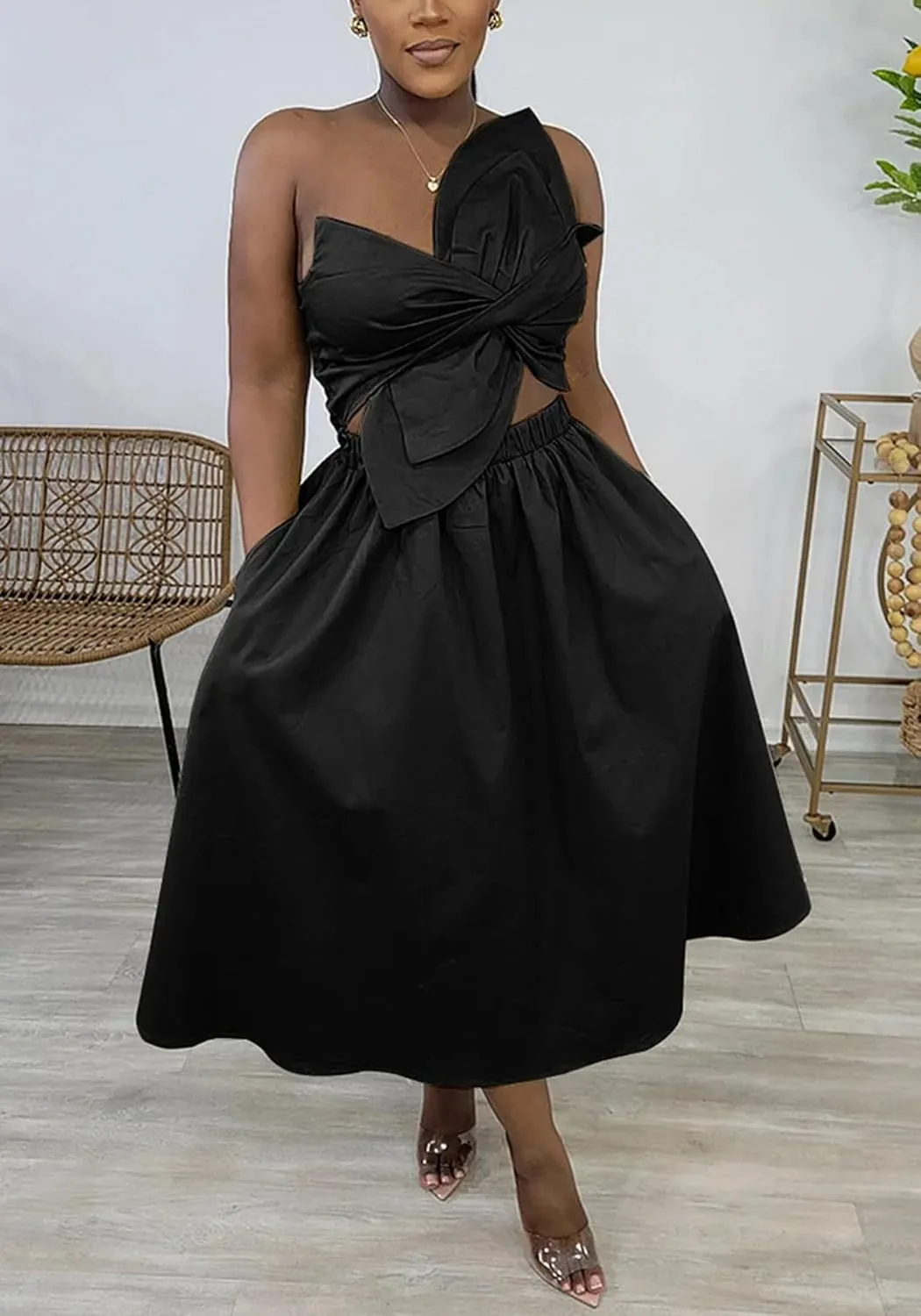 SHINFY Women's Summer One Shoulder Long Midi Dress Spaghetti Strap Cutout Smocked Wrap Top Flowy Beach Sundress