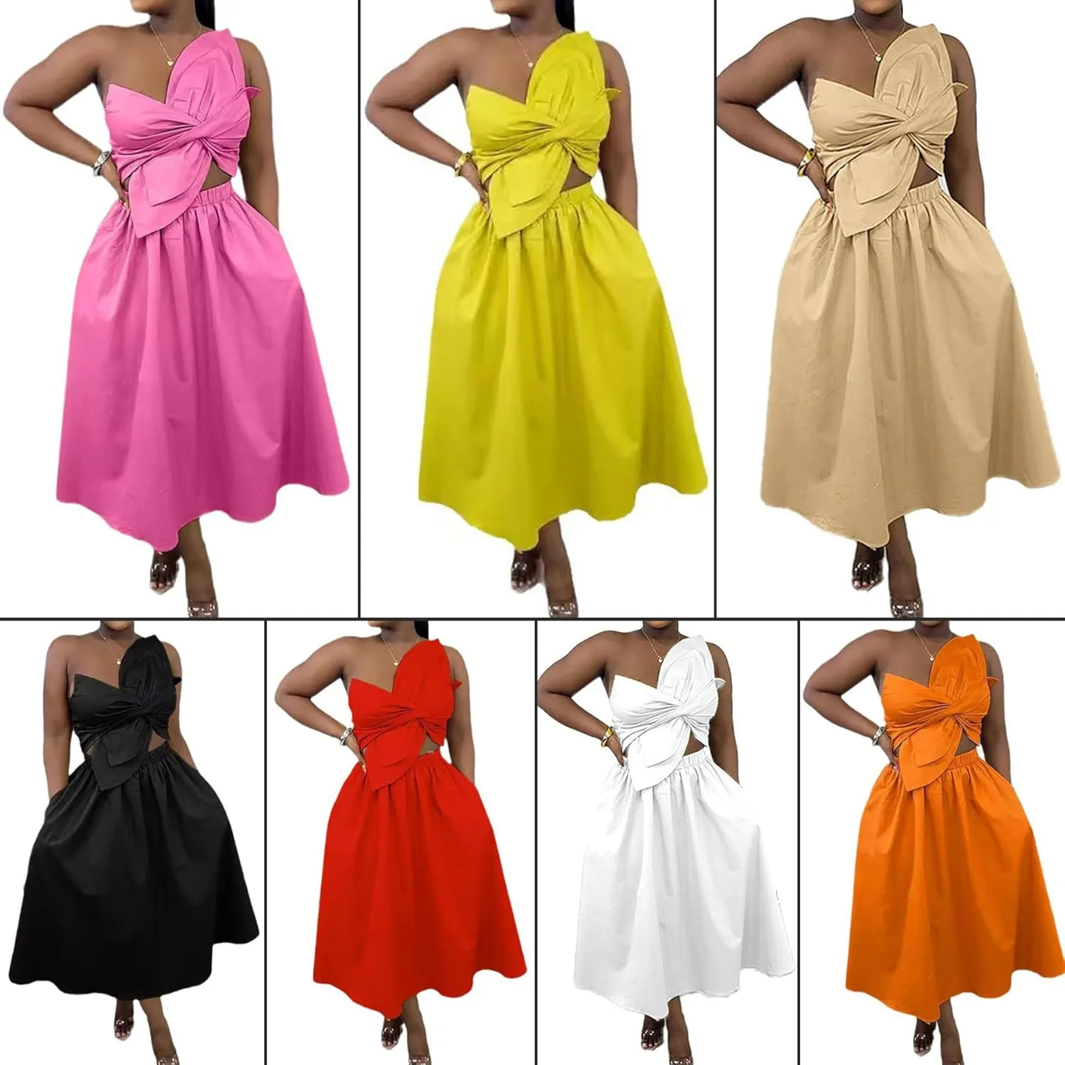 SHINFY Women's Summer One Shoulder Long Midi Dress Spaghetti Strap Cutout Smocked Wrap Top Flowy Beach Sundress