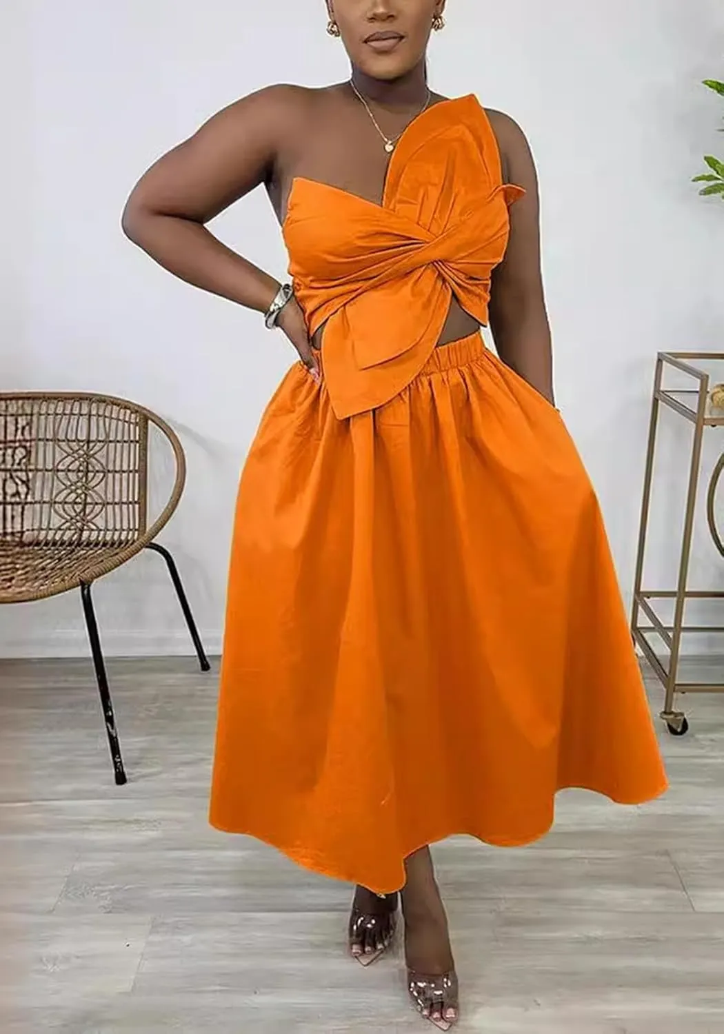 SHINFY Women's Summer One Shoulder Long Midi Dress Spaghetti Strap Cutout Smocked Wrap Top Flowy Beach Sundress