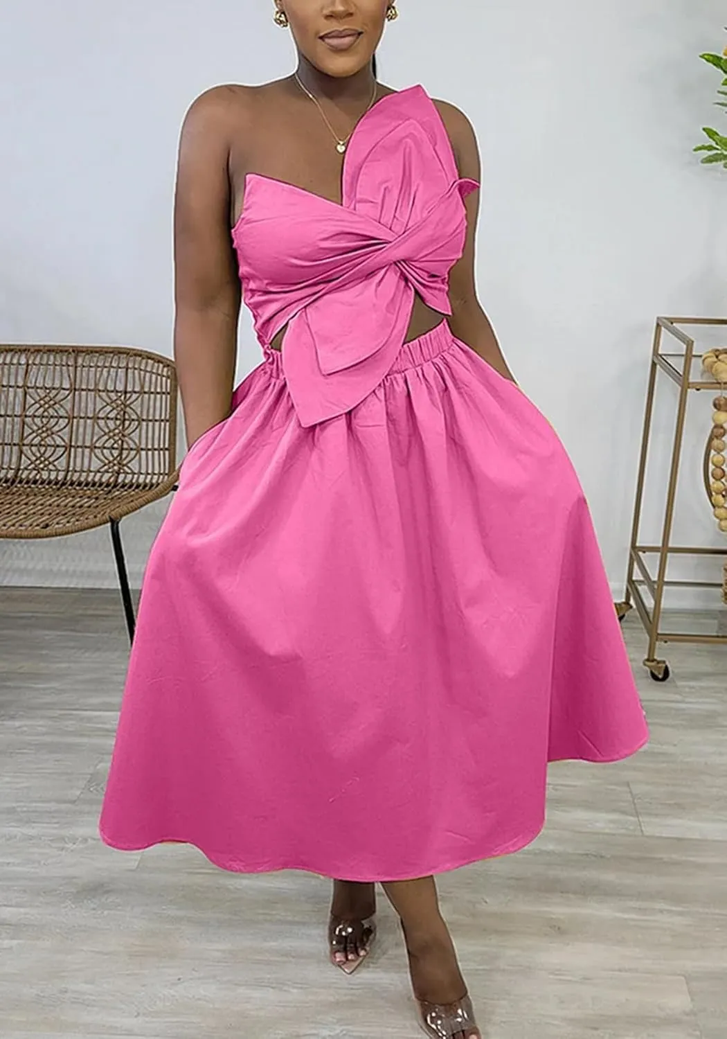 SHINFY Women's Summer One Shoulder Long Midi Dress Spaghetti Strap Cutout Smocked Wrap Top Flowy Beach Sundress