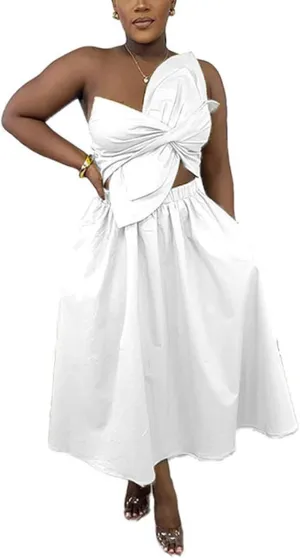 SHINFY Women's Summer One Shoulder Long Midi Dress Spaghetti Strap Cutout Smocked Wrap Top Flowy Beach Sundress