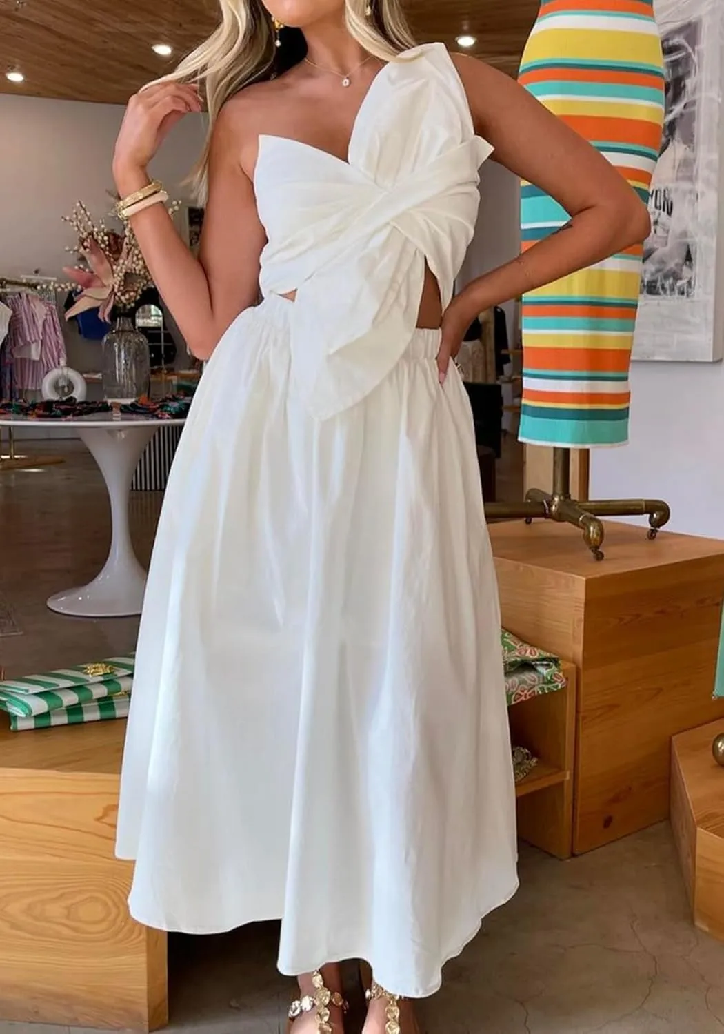 SHINFY Women's Summer One Shoulder Long Midi Dress Spaghetti Strap Cutout Smocked Wrap Top Flowy Beach Sundress
