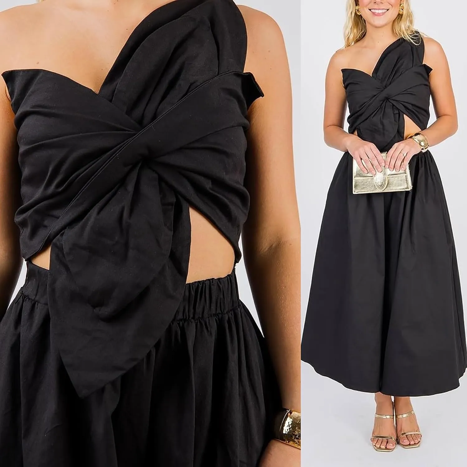 SHINFY Women's Summer One Shoulder Long Midi Dress Spaghetti Strap Cutout Smocked Wrap Top Flowy Beach Sundress