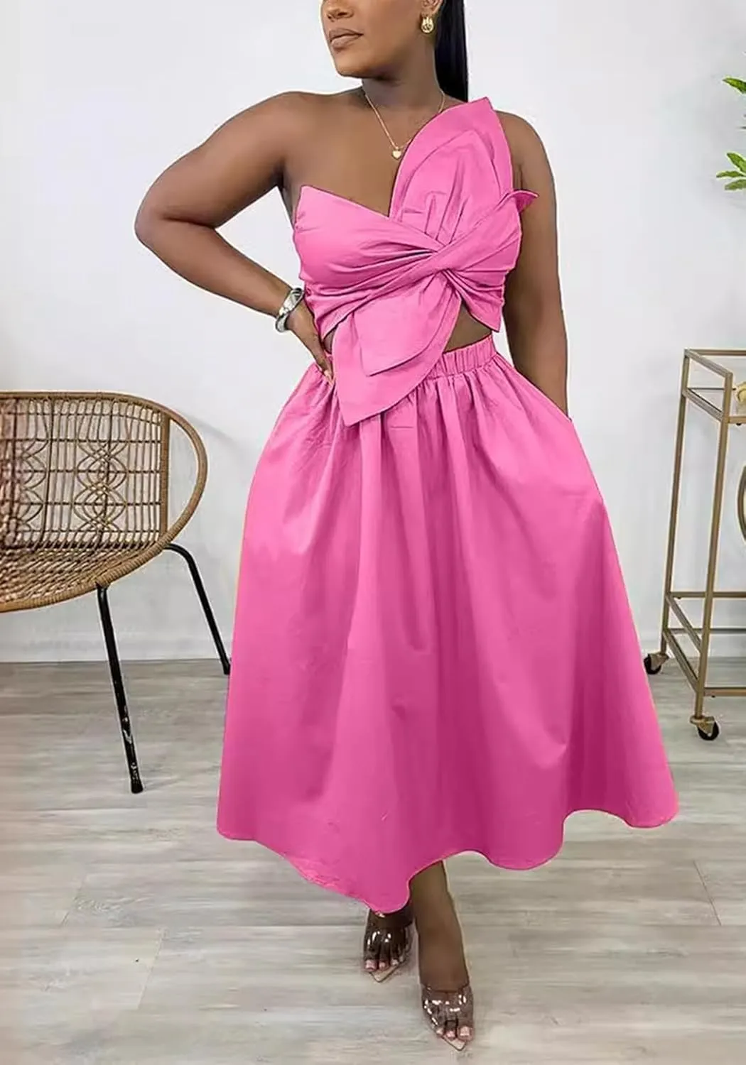 SHINFY Women's Summer One Shoulder Long Midi Dress Spaghetti Strap Cutout Smocked Wrap Top Flowy Beach Sundress